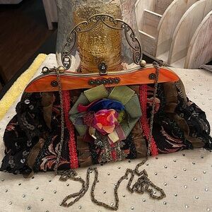 Vintage Malina Black Lace Front Victorian brocade handle & shoulder handbag.